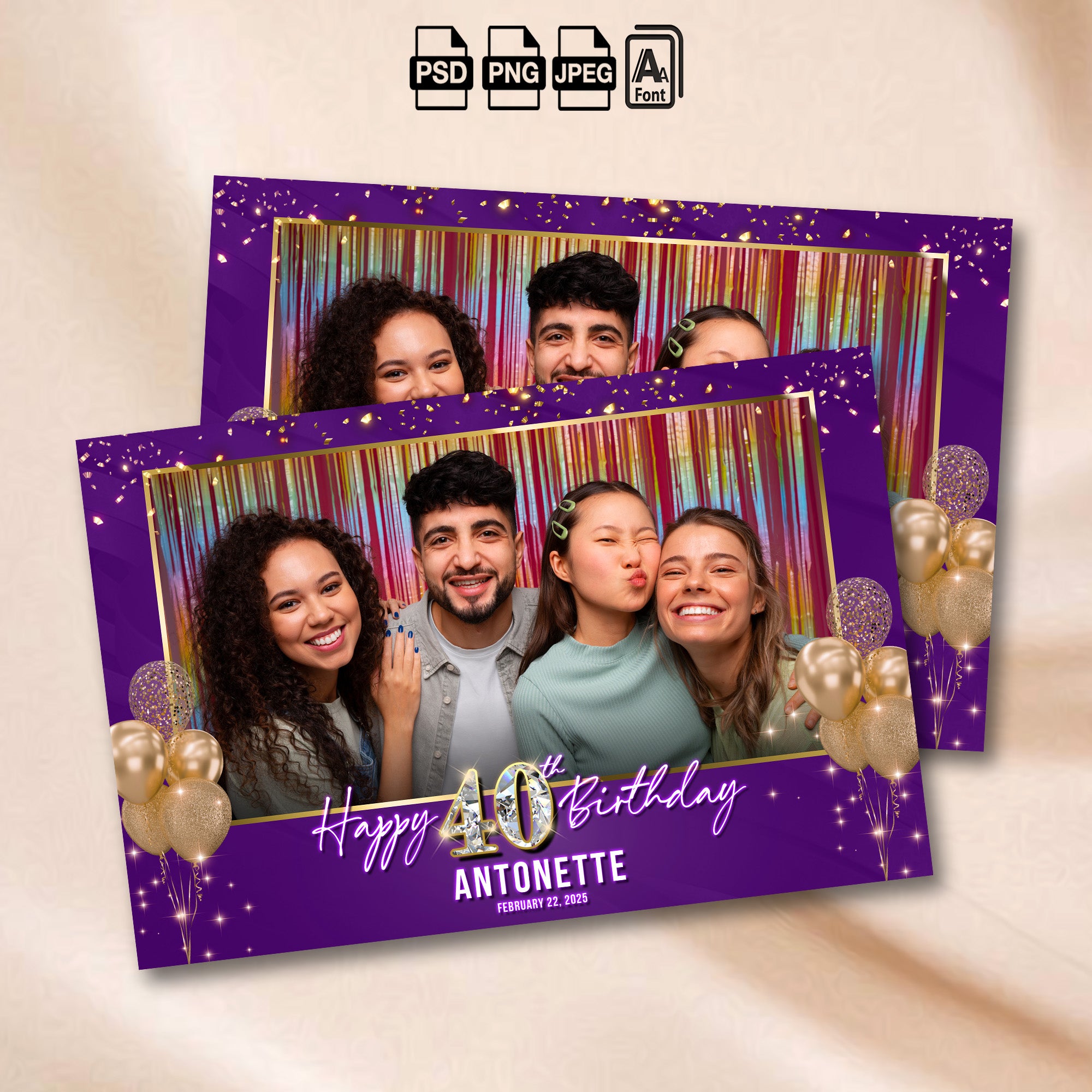 Purple and gold glitter birthday photo booth landscape template with gold balloons and a sparkling diamond birthday number