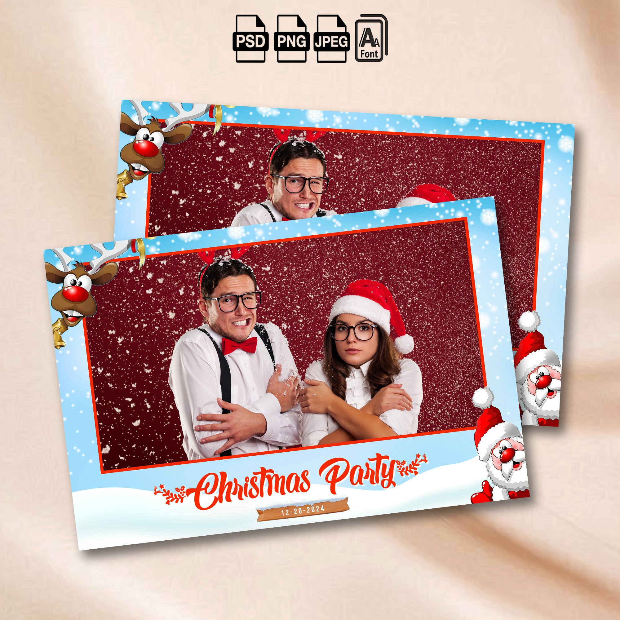 Winter Christmas Party landscape photo booth template mockup with reindeer and Santa illustrations