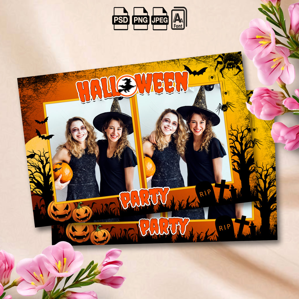 Halloween Party Photo Booth Template | 2-Photo Collage Layout | Editable 4x6 Photobooth Template, Instant Download