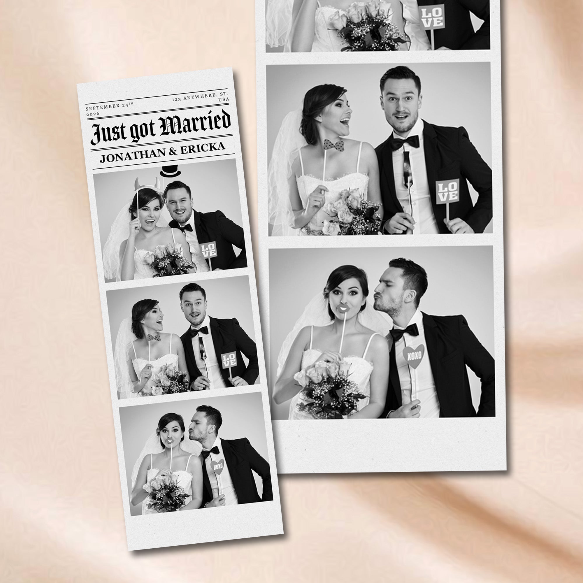 Newspaper Wedding Photo Booth Strip Template | "Just Got Married" 2x6 Photobooth Design | Editable Photoshop Template, Instant Download