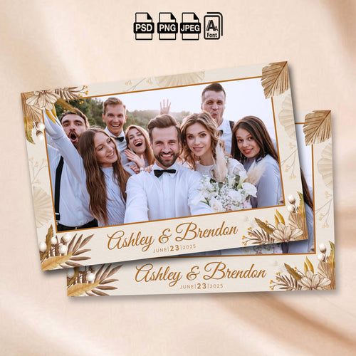 Boho Wedding landscape photo booth template mockup with dried palm leaves and florals