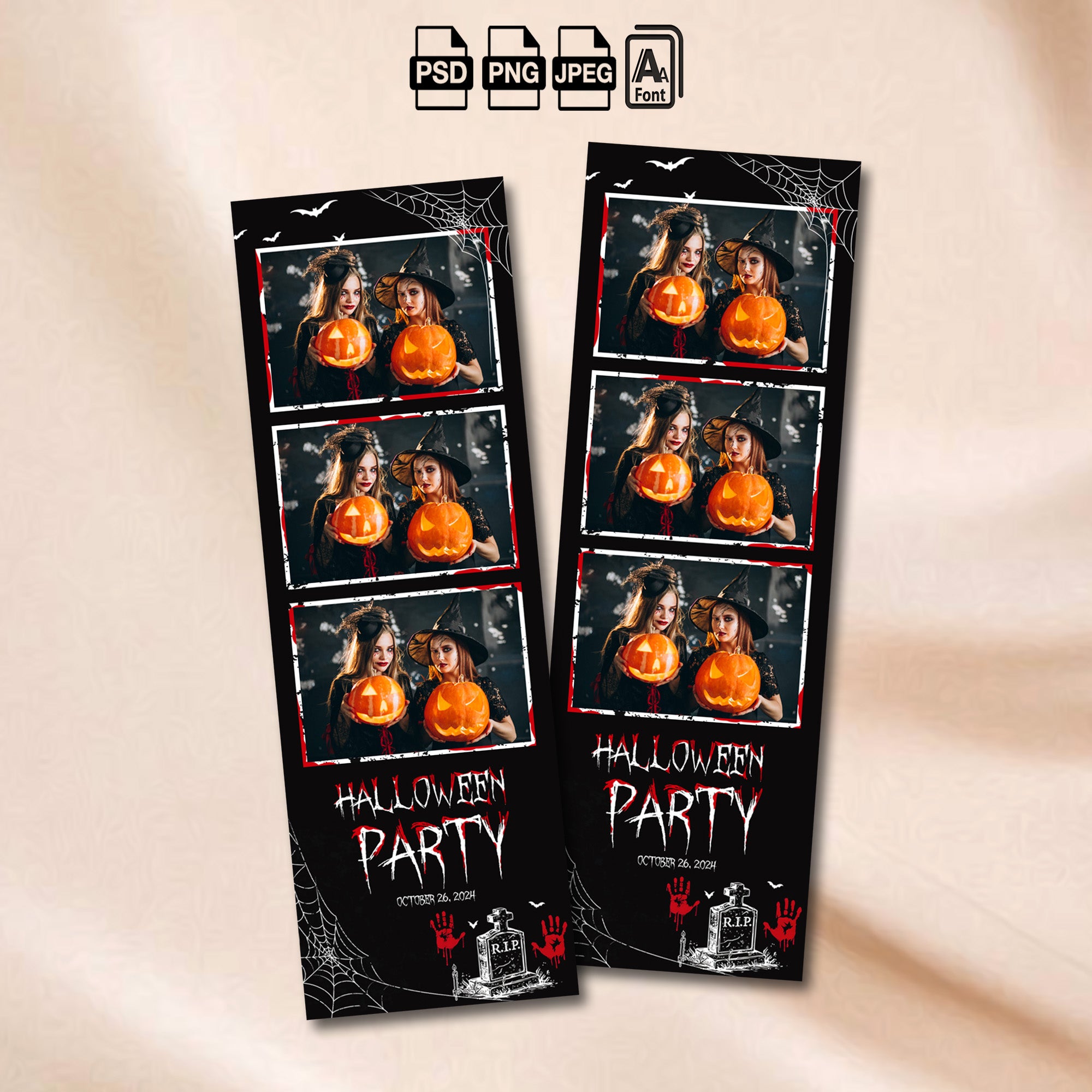 Halloween Party Photo Booth Strip Template | Spooky Gothic Design | 2x6 Photostrip Template, Instant Download