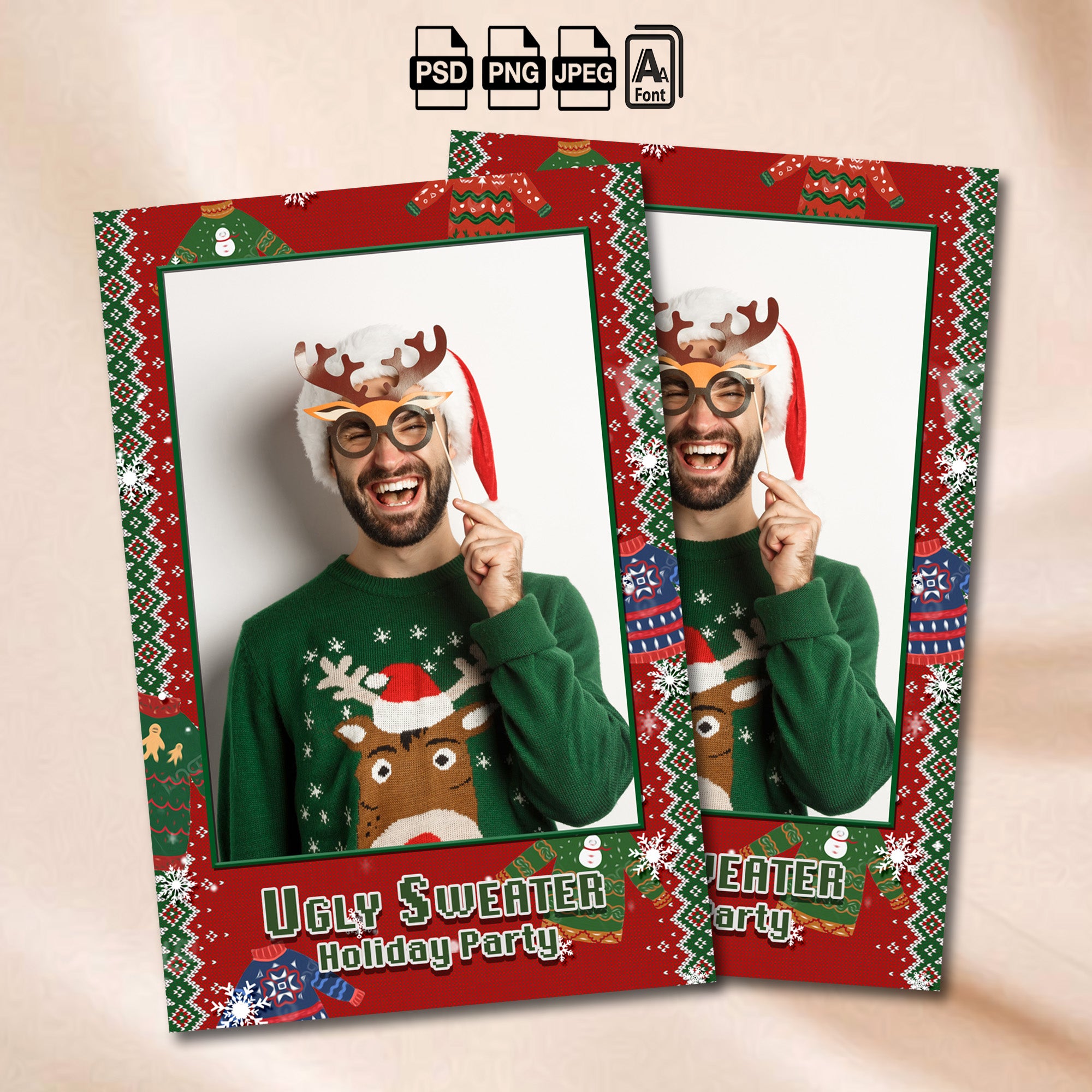 Ugly Sweater Holiday Party portrait photo booth template mockup with sweaters and snowmen