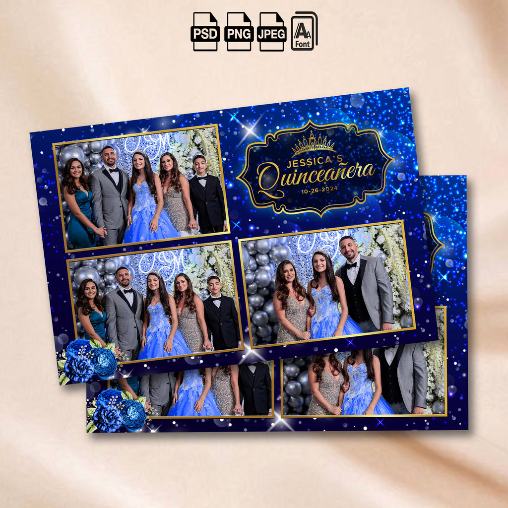 Royal Blue Quinceañera 3-photo landscape collage photo booth template mockup with royal blue sparkle background and gold crown badge