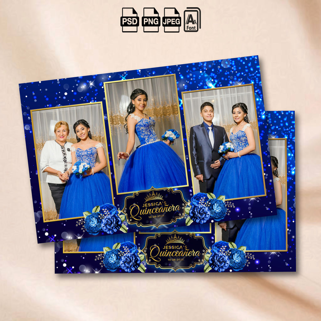 Royal Blue Quinceañera 3-photo portrait collage photo booth template mockup with royal blue sparkle background and gold crown badge