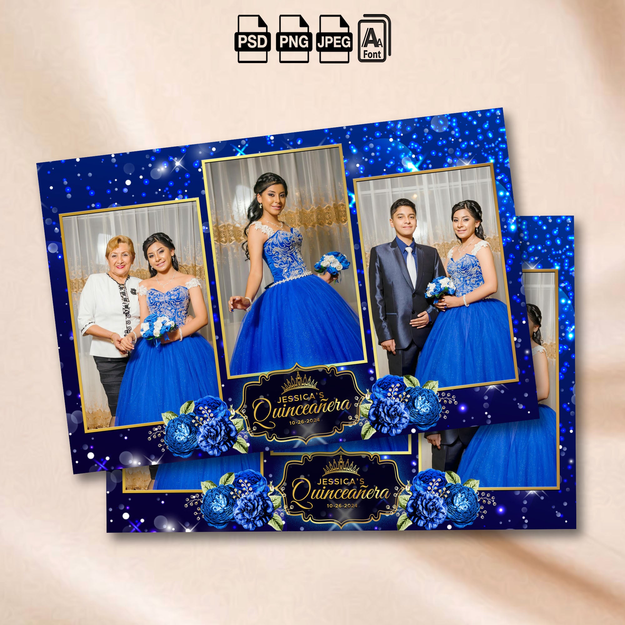 Royal Blue Quinceañera 3-photo portrait collage photo booth template mockup with royal blue sparkle background and gold crown badge