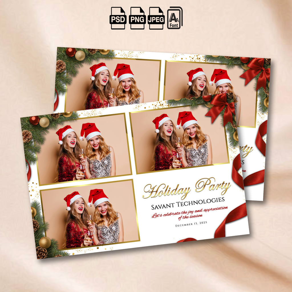 White and gold Christmas photo booth grid template with evergreen garland and gold ornaments
