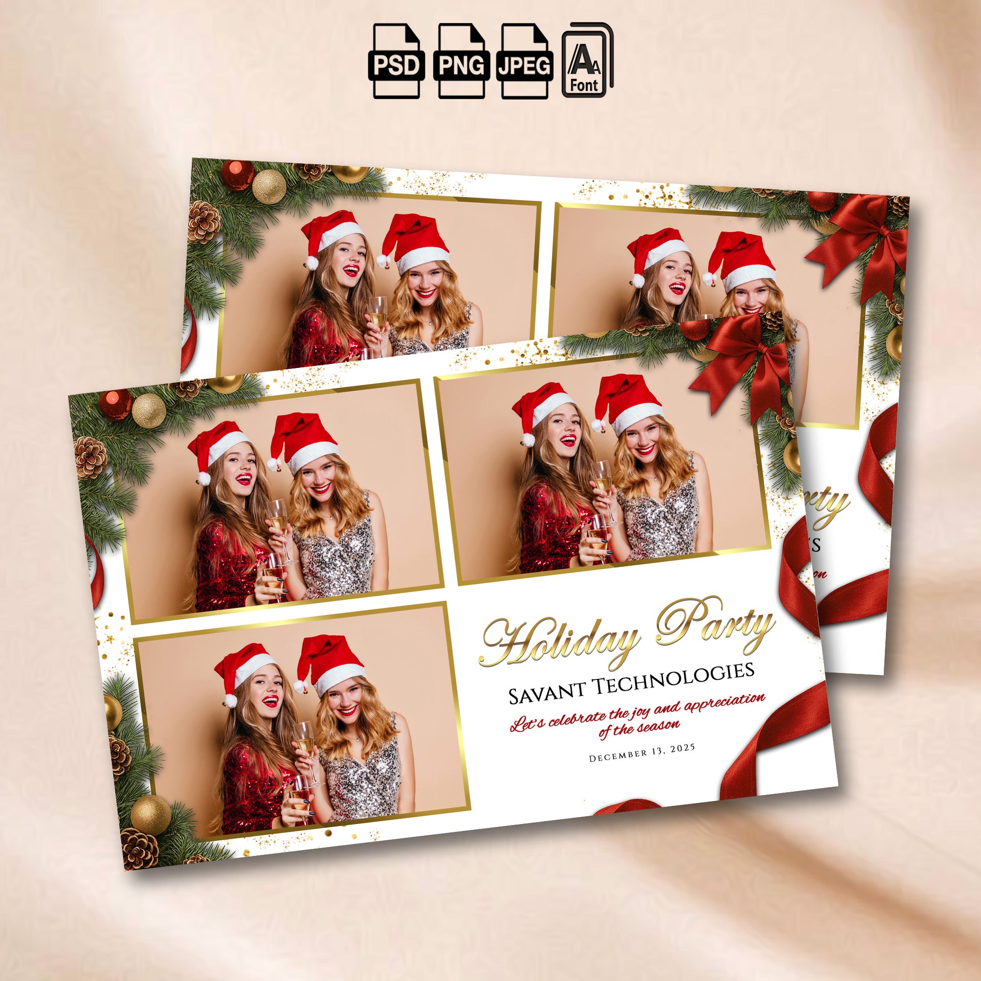 White and gold Christmas photo booth grid template with evergreen garland and gold ornaments