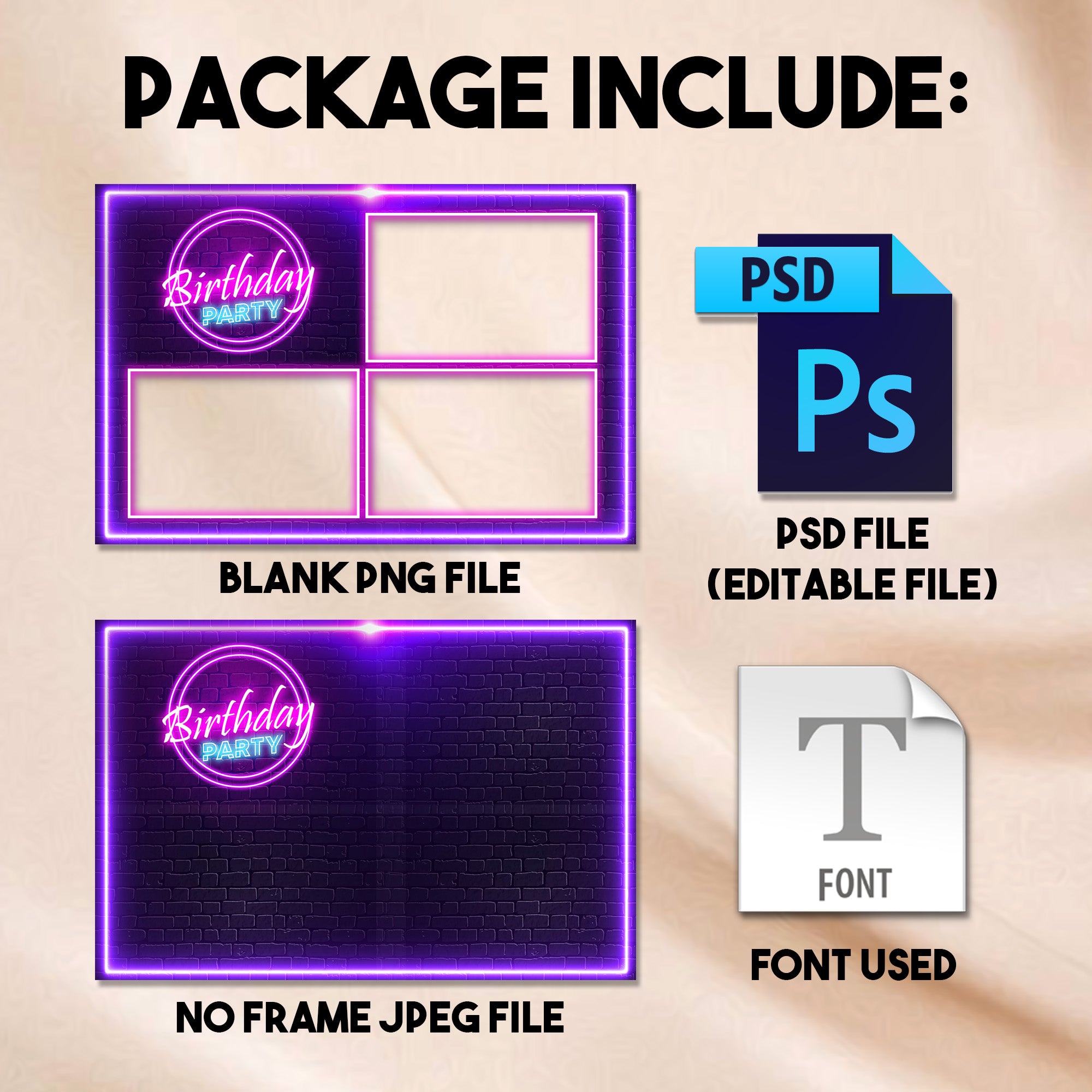 Neon Birthday Photo Booth Template | Purple & Pink Glow with Disco Ball | Editable Photoshop Template, Instant Download