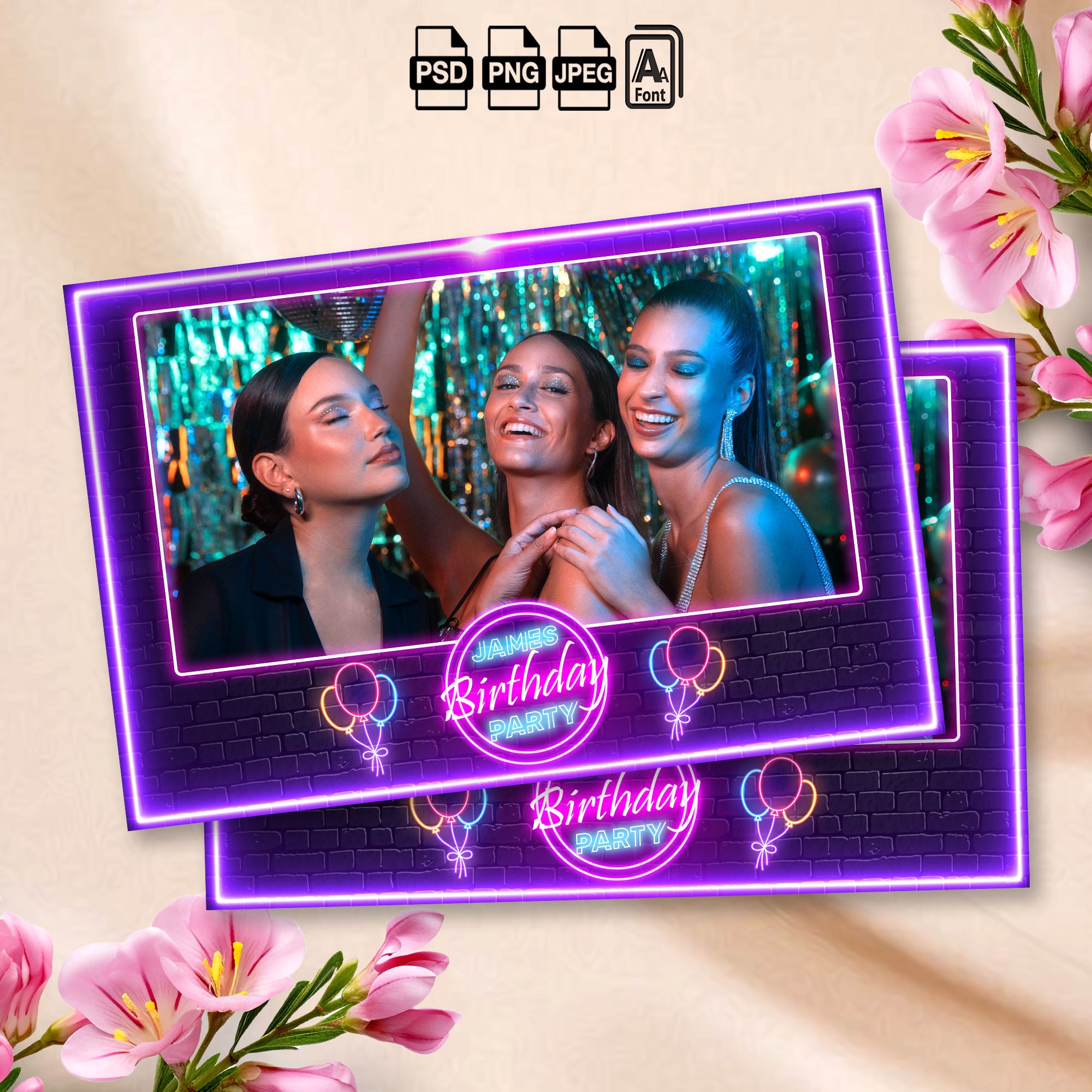 Neon Birthday Photo Booth Template | Landscape Layout | Editable Photoshop Template, Instant Download