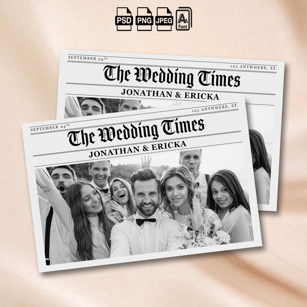 Newspaper Wedding Photo Booth Template | "The Wedding Times" 4x6 Single Photo Landscape Layout | Editable Photoshop Template, Instant Download