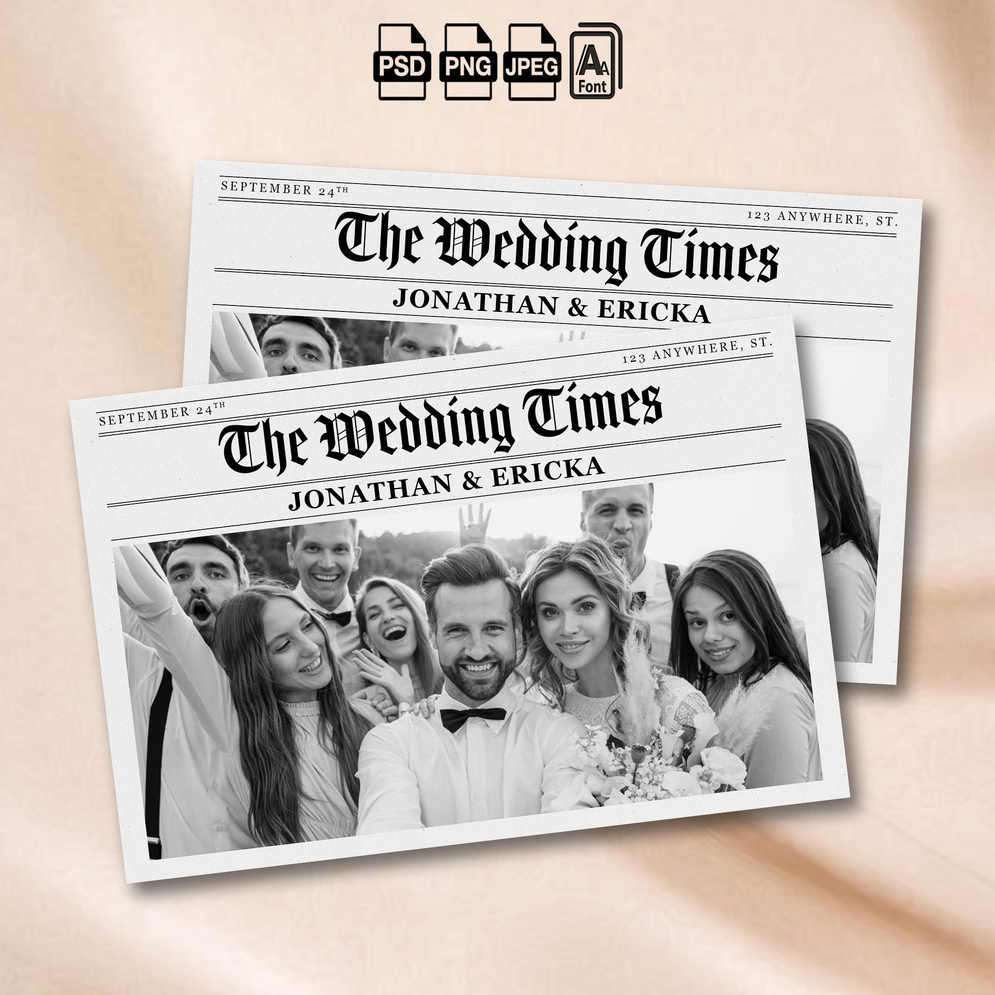 Newspaper Wedding Photo Booth Template | "The Wedding Times" 4x6 Single Photo Landscape Layout | Editable Photoshop Template, Instant Download