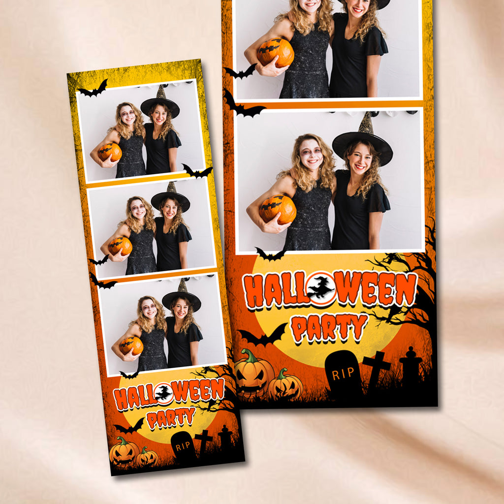 Halloween Party Photo Booth Strip Template | Spooky Orange & Black Design | Editable 2x6 Photobooth Template, Instant Download