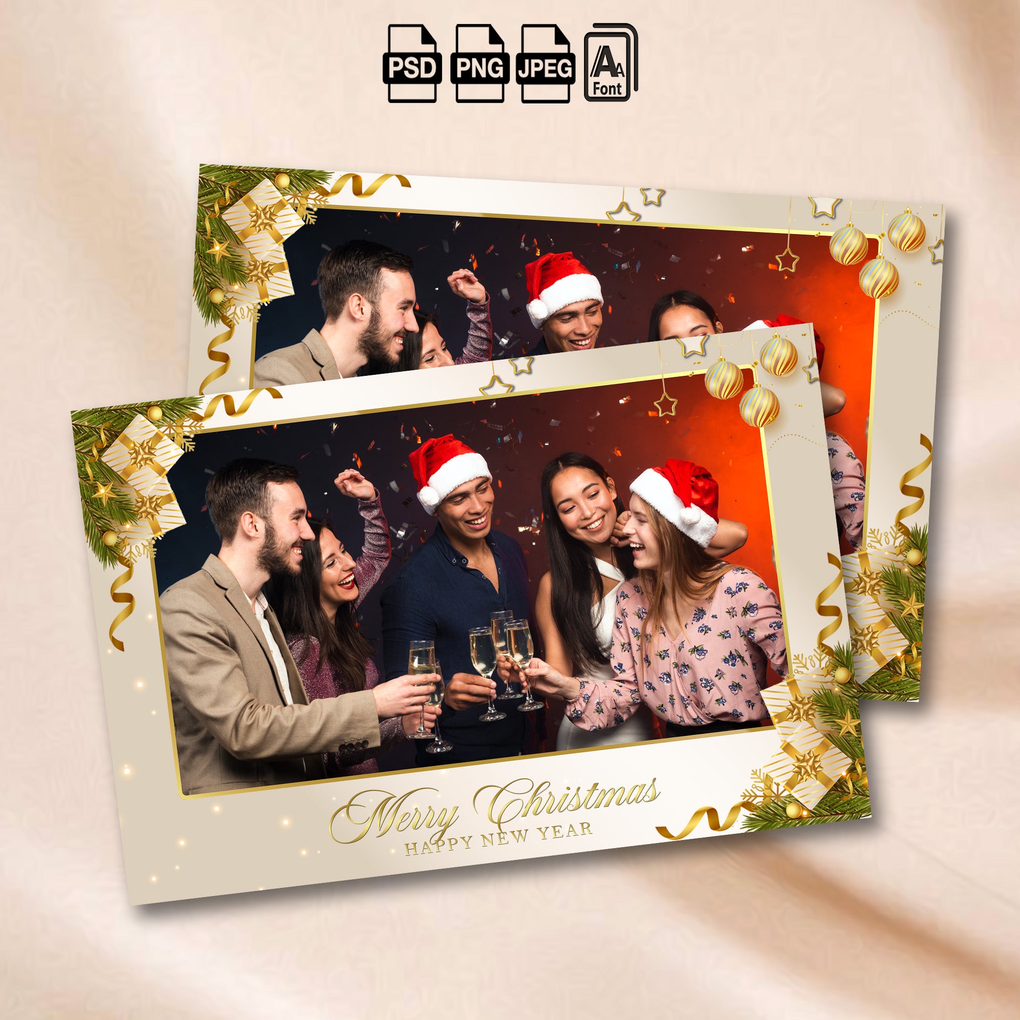 Merry Christmas landscape photo booth template mockup with gold gift boxes and string lights