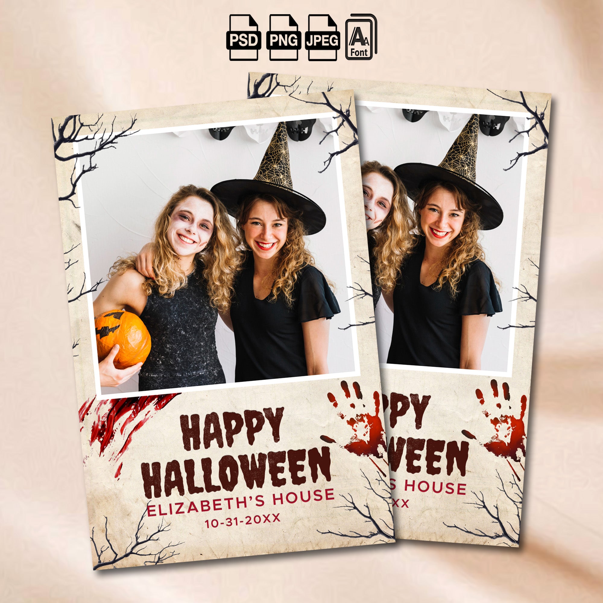 Halloween photo booth portrait template on a vintage parchment background with black bare tree silhouettes and dripping red bloody handprints, featuring editable host name and date text
