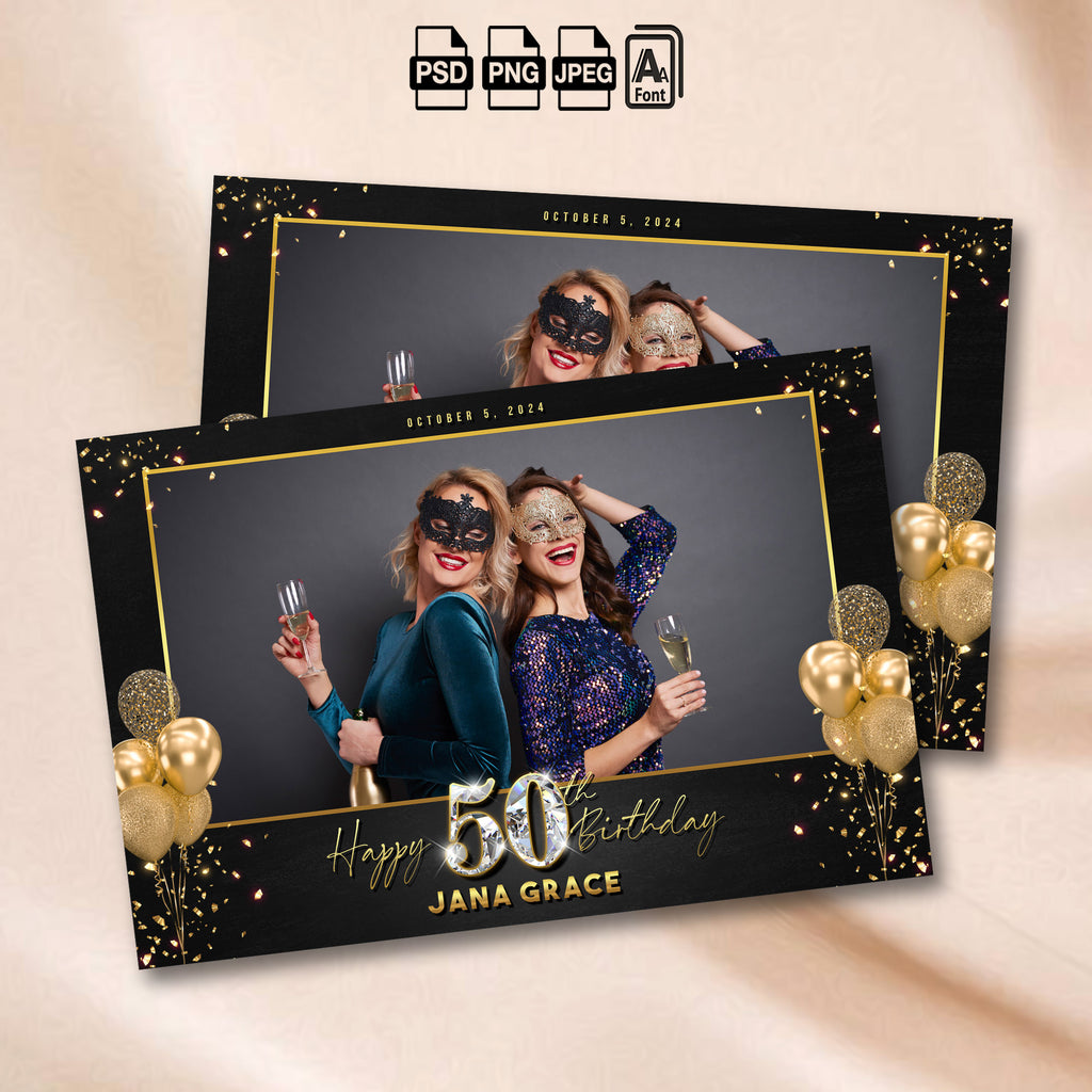 50th Birthday Photo Booth Template | Landscape Layout | Black & Gold Diamond Design, Editable Photoshop Template
