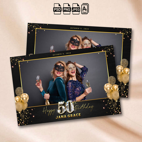 50th Birthday Photo Booth Template | Landscape Layout | Black & Gold Diamond Design, Editable Photoshop Template