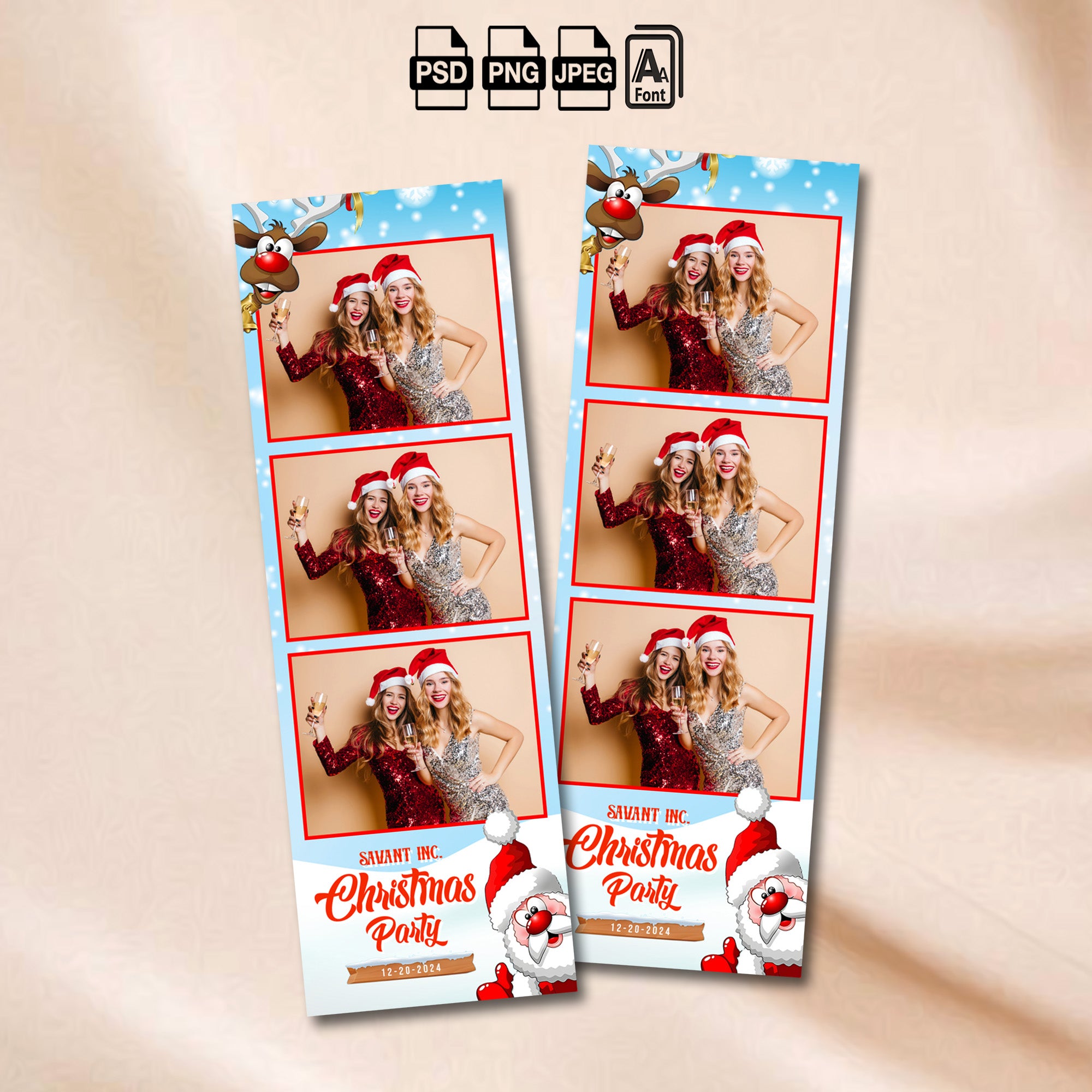 Winter Christmas Party 2x6 photo strip template mockup with reindeer and Santa illustrations