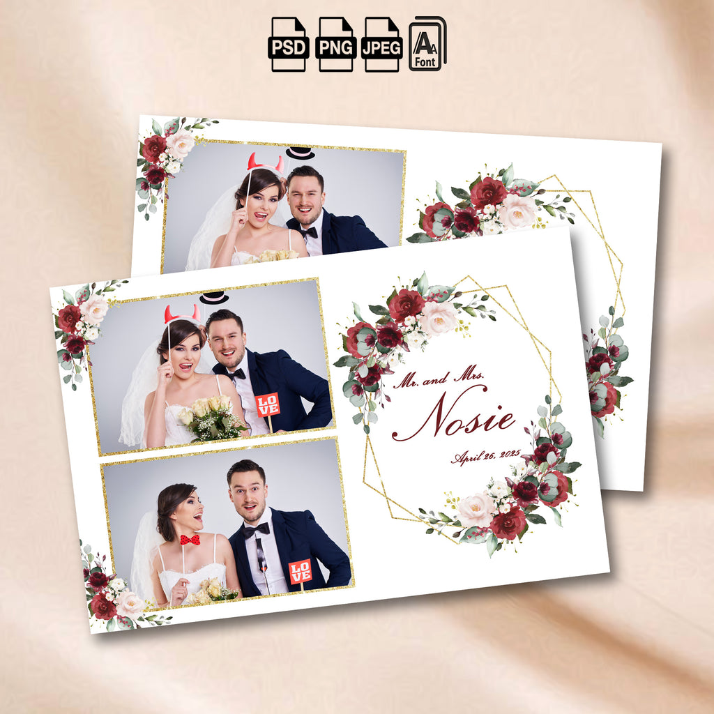 Burgundy Floral Wedding Photo Booth Template | 2-Photo Layout | Editable Photoshop Template, Instant Download