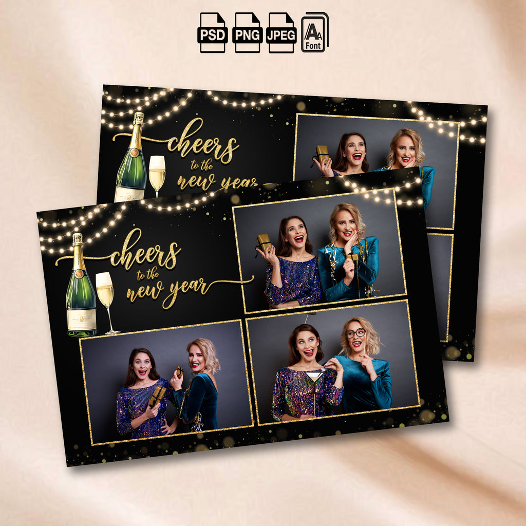 Black and gold New Year's Eve photo booth collage template with three photo openings, glowing string lights, and cheers to the new year script text