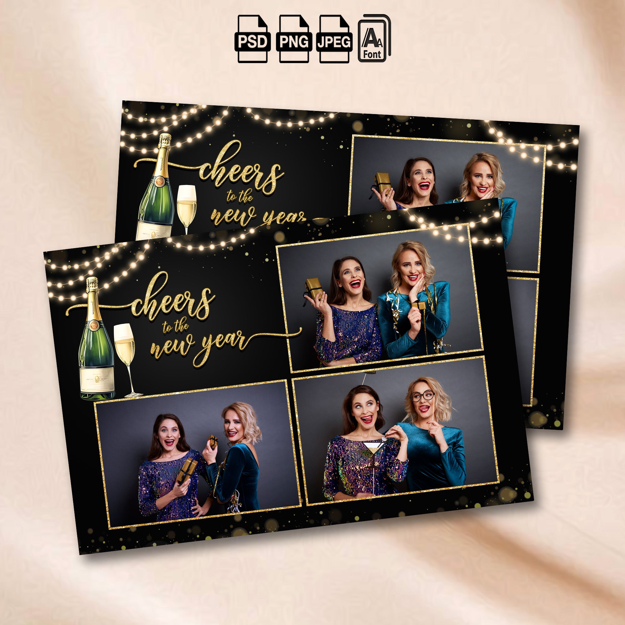 Black and gold New Year's Eve photo booth collage template with three photo openings, glowing string lights, and cheers to the new year script text