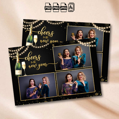 Black and gold New Year's Eve photo booth collage template with three photo openings, glowing string lights, and cheers to the new year script text