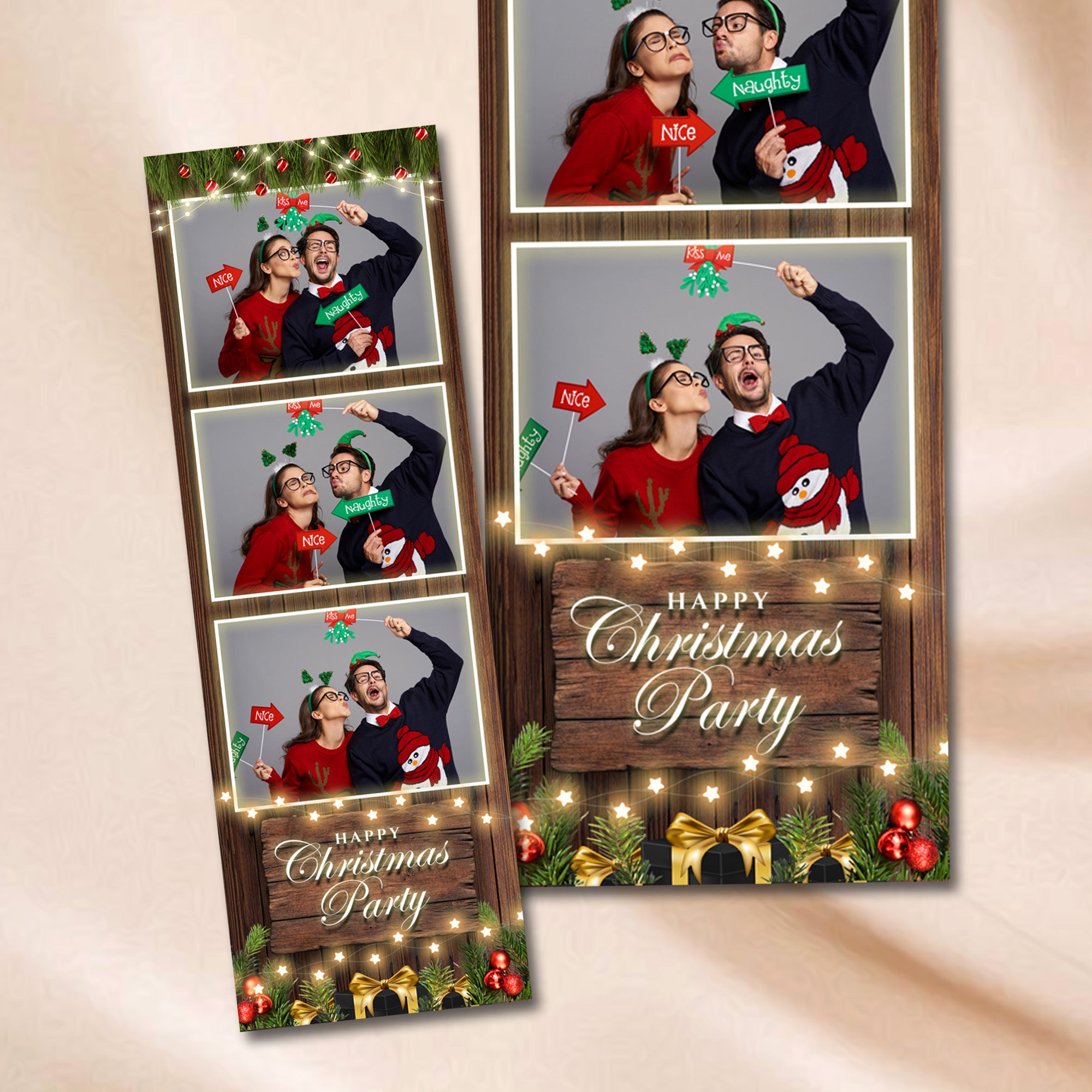 Dark wood Christmas photo strip template with evergreen garland and gift boxes