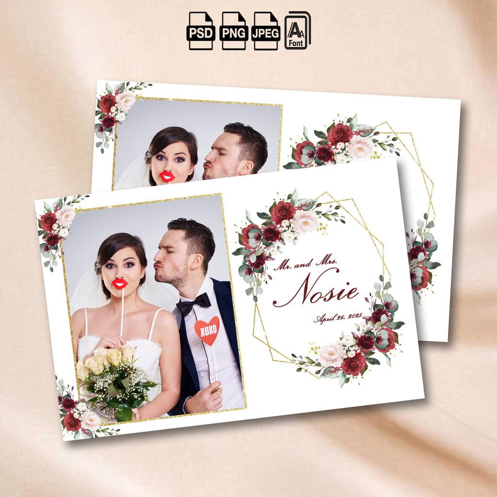 Burgundy Floral Wedding Photo Booth Template | Single Photo Portrait Layout | Editable Photoshop Template, Instant Download