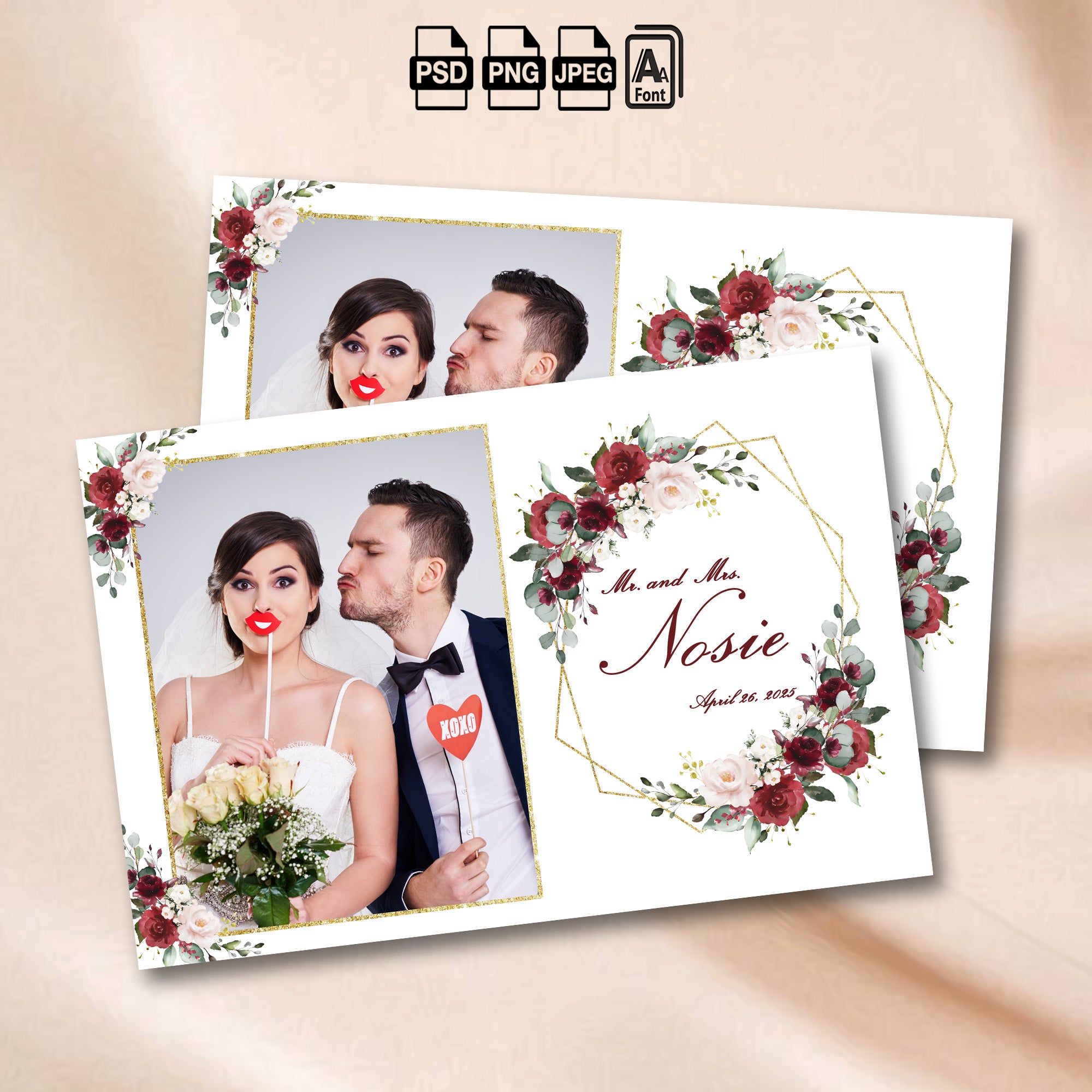 Burgundy Floral Wedding Photo Booth Template | Single Photo Portrait Layout | Editable Photoshop Template, Instant Download