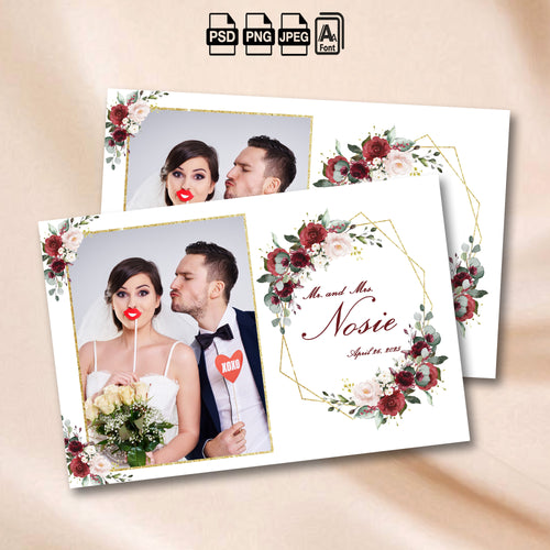 Burgundy Floral Wedding Photo Booth Template | Single Photo Portrait Layout | Editable Photoshop Template, Instant Download
