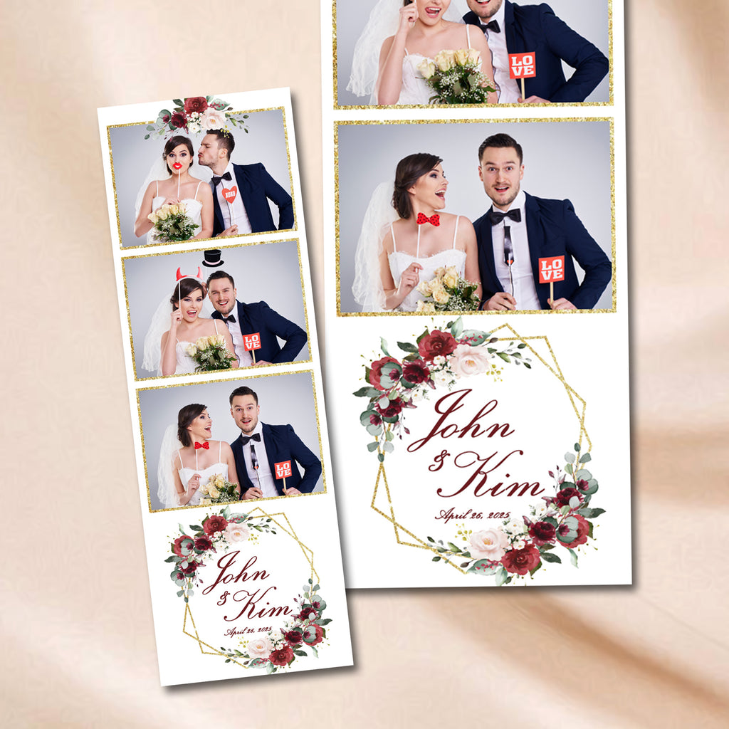 Burgundy Floral Wedding Photo Booth Template | 3-Photo Strip Layout | Editable Photoshop Template, Instant Download