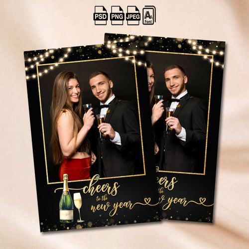 Black and gold New Year's Eve photo booth portrait template with glowing string lights and cheers to the new year script text