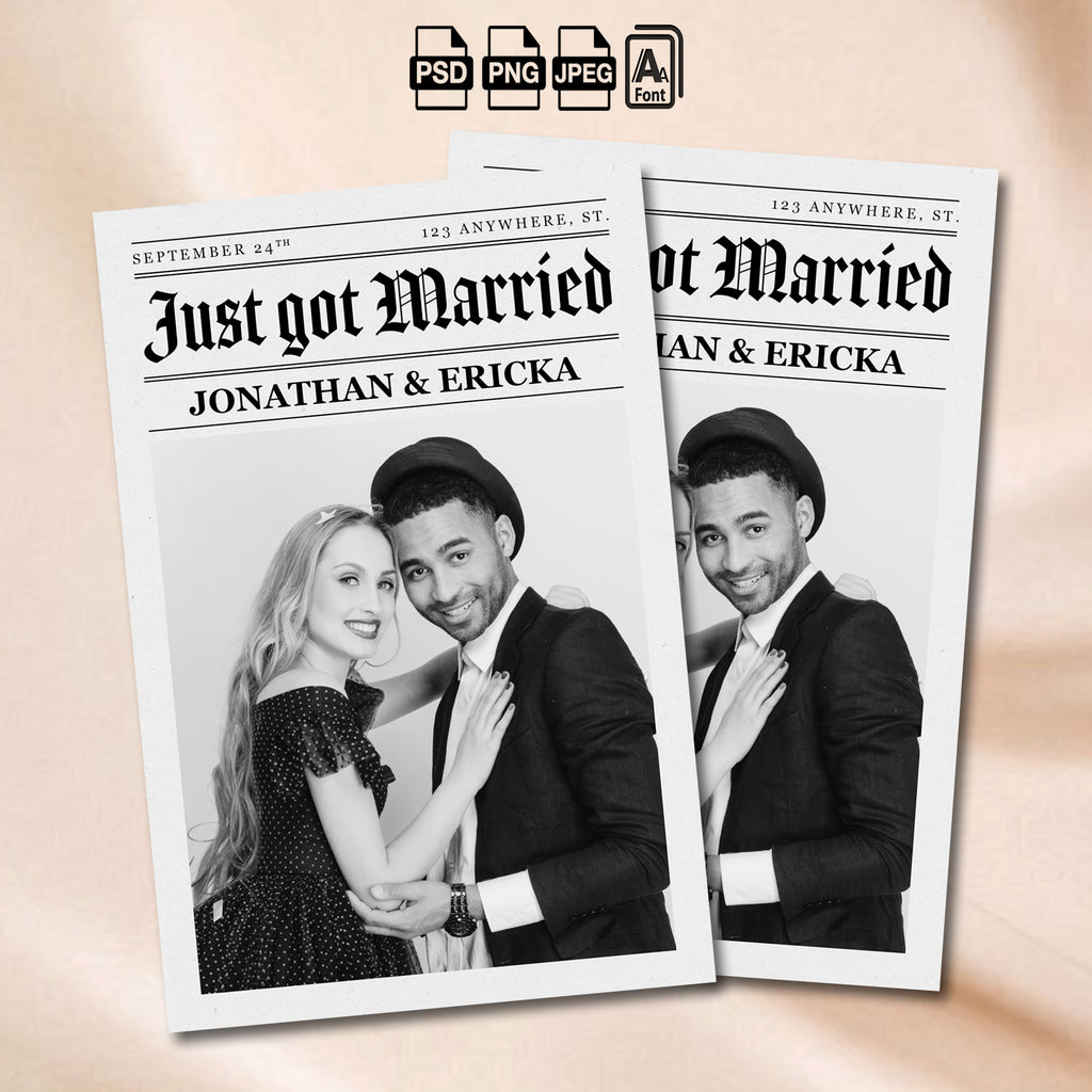 Newspaper Wedding Photo Booth Template | "Just Got Married" 4x6 Portrait Layout | Editable Photoshop Template, Instant Download