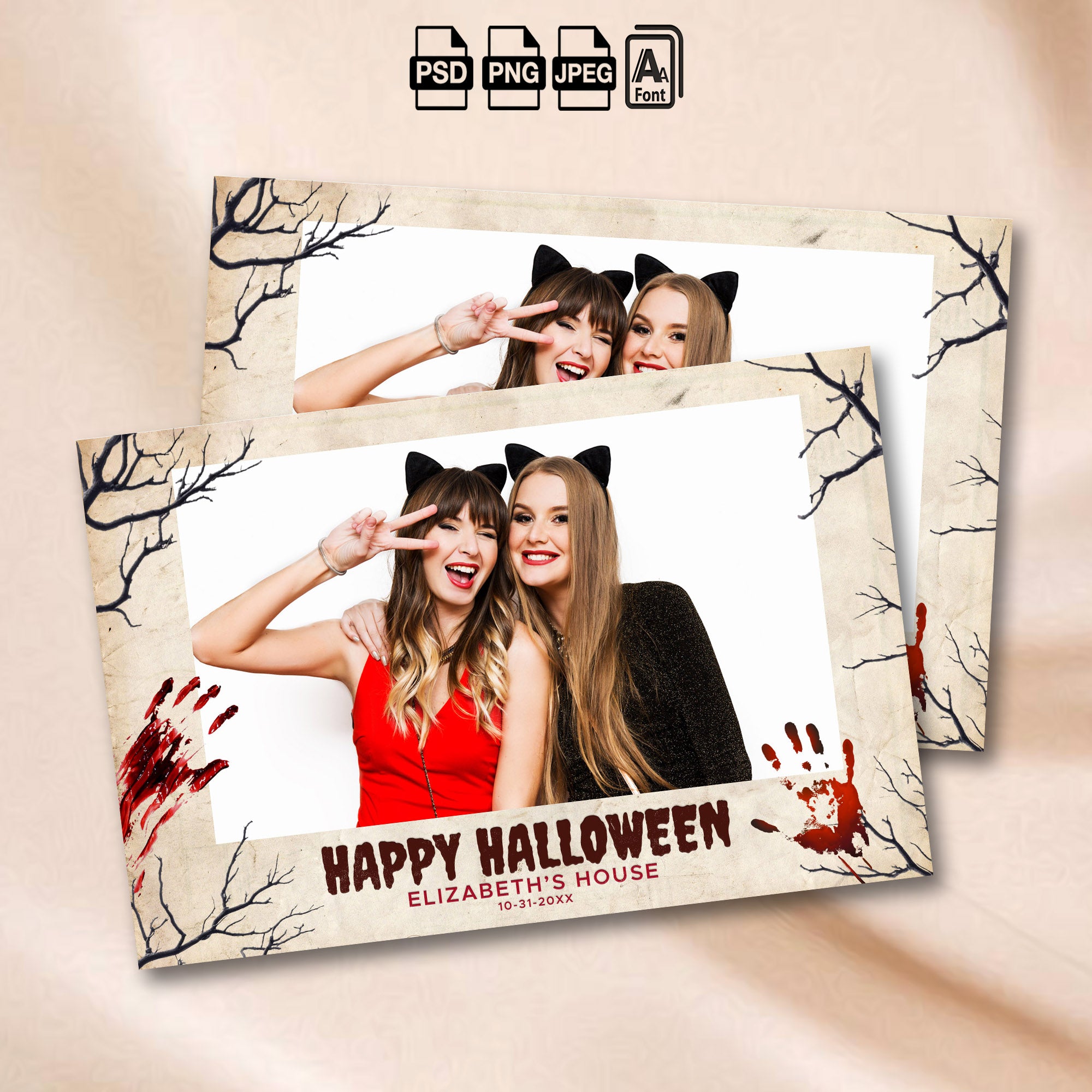 Halloween photo booth landscape template on a vintage parchment background with black bare tree silhouettes and dripping red bloody handprints, featuring editable host name and date text