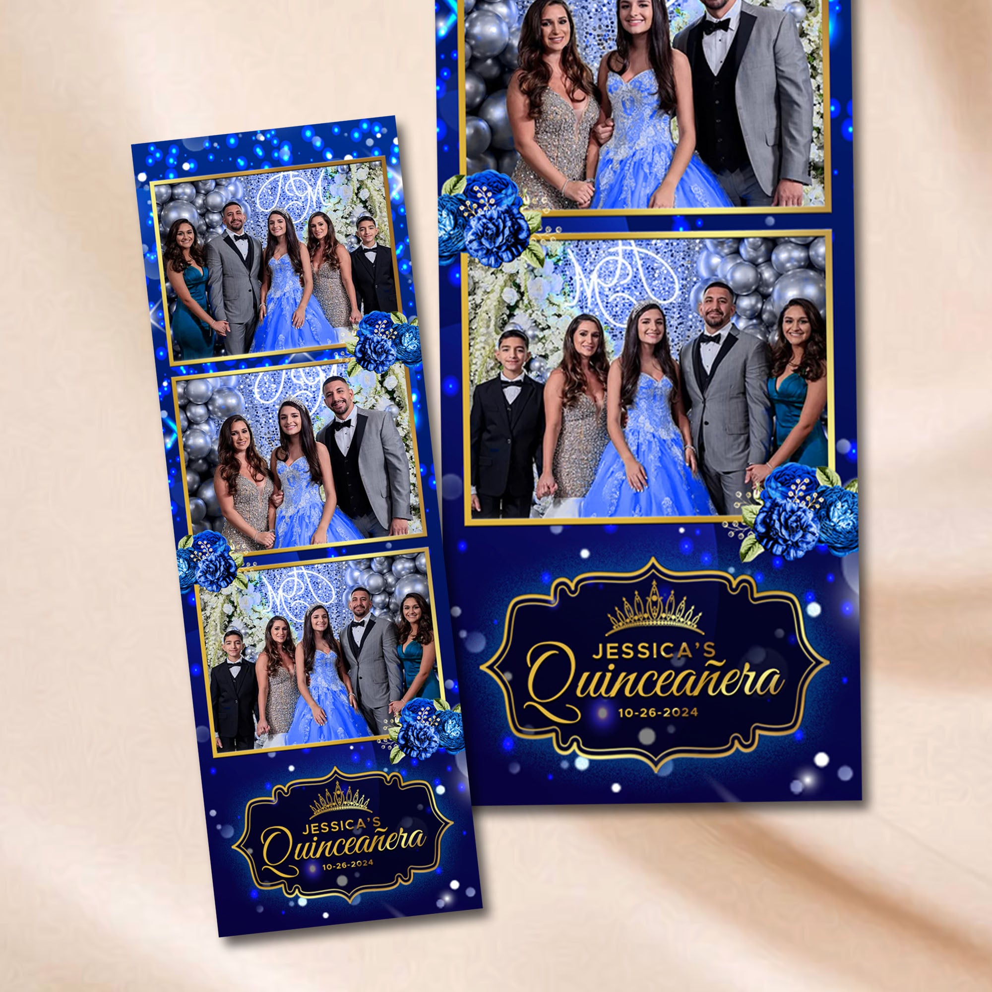 Royal Blue Quinceañera 2x6 photo strip template mockup with royal blue sparkle background and gold crown badge