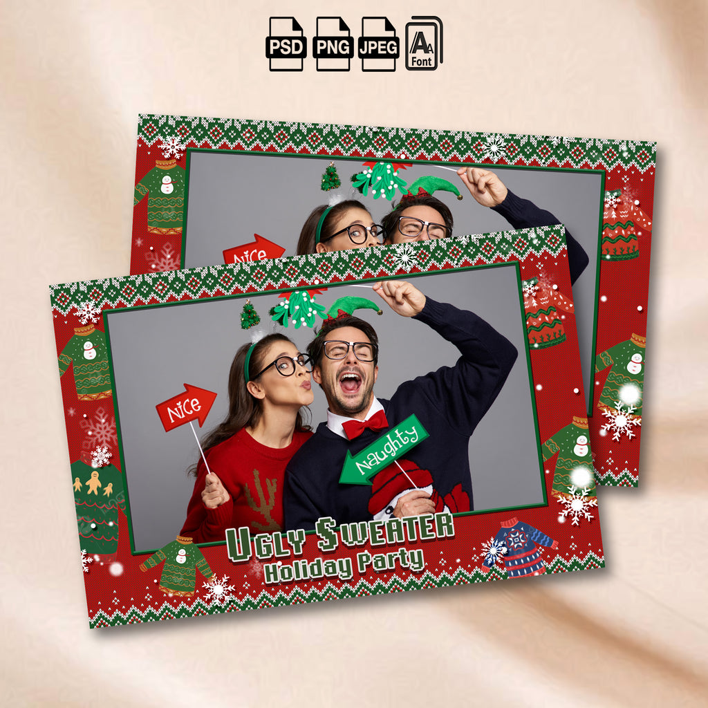 Ugly Sweater Holiday Party landscape photo booth template mockup with sweaters and snowmen
