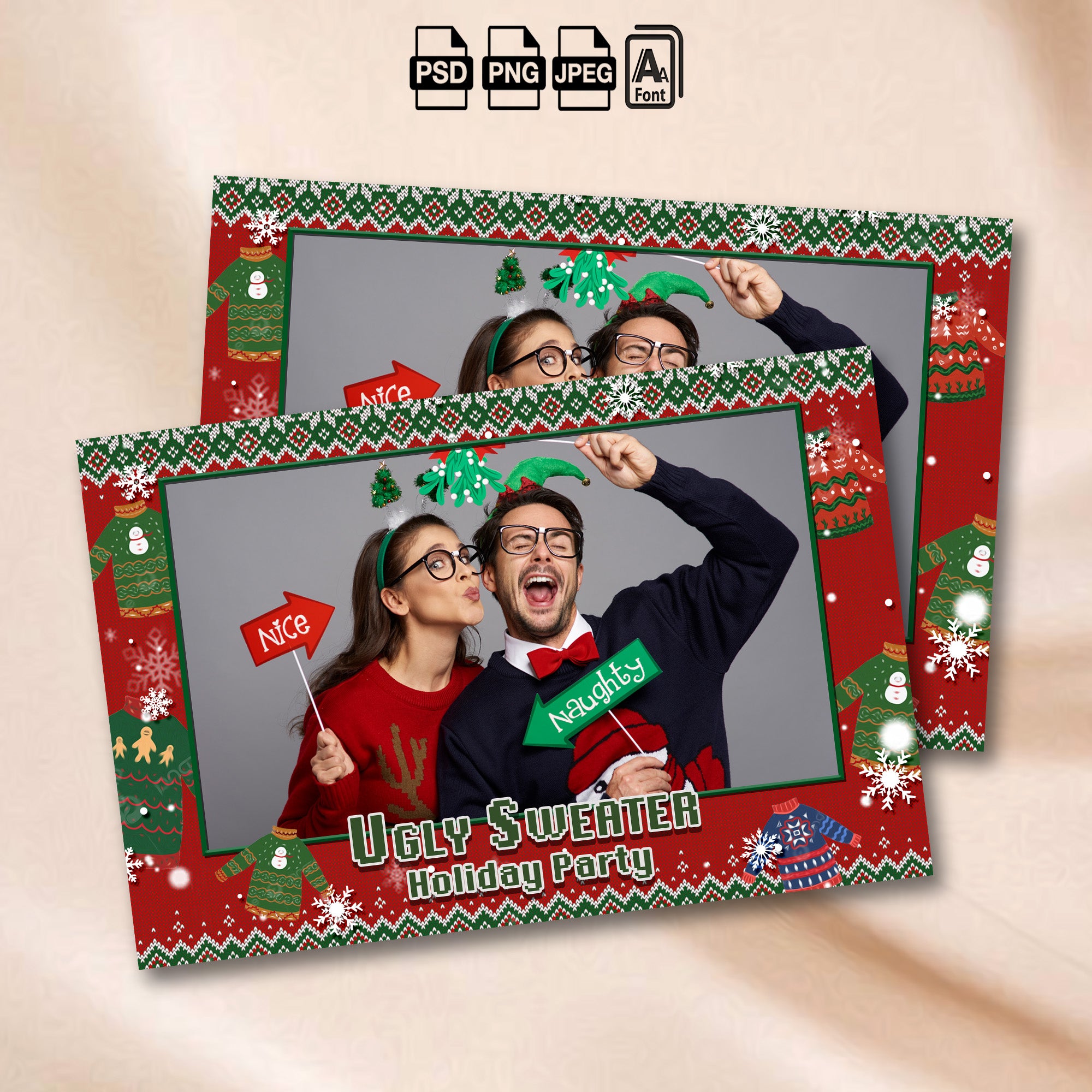 Ugly Sweater Holiday Party landscape photo booth template mockup with sweaters and snowmen