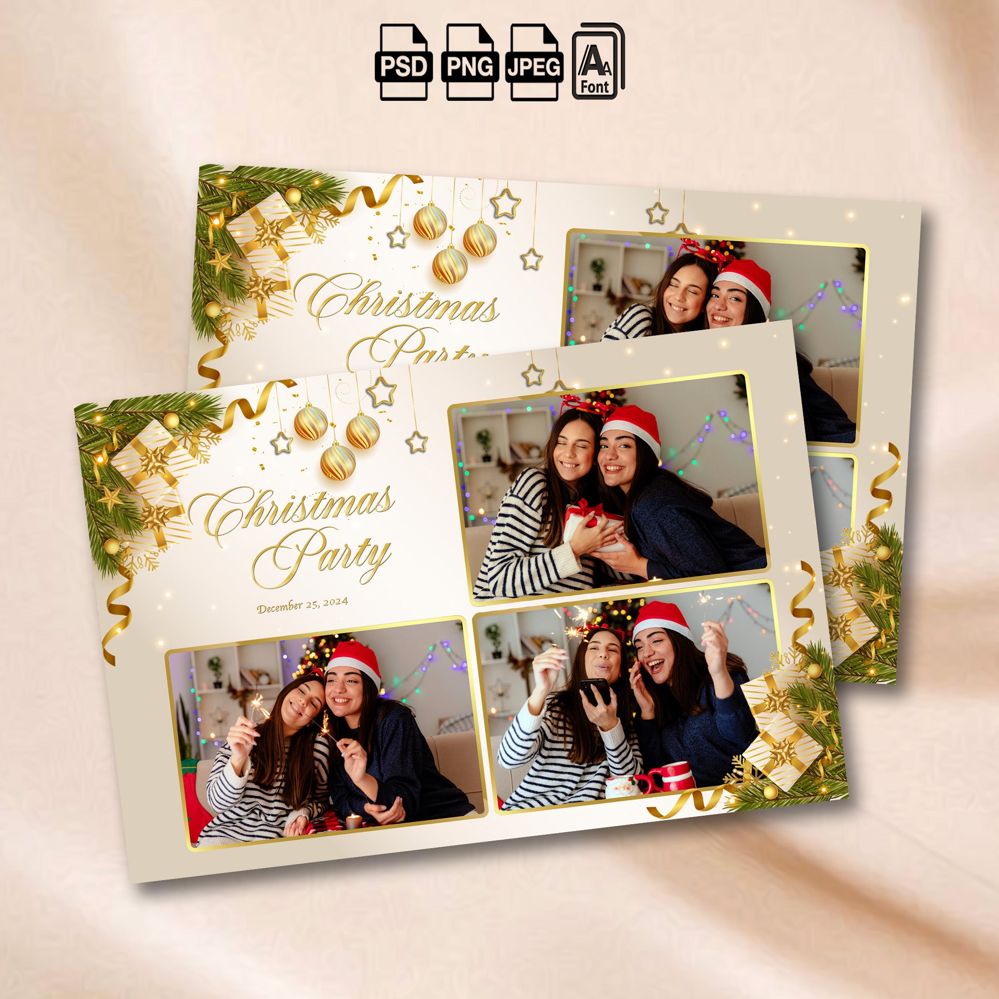 Christmas Party 3-photo collage photo booth template mockup with gold gift boxes and ornaments