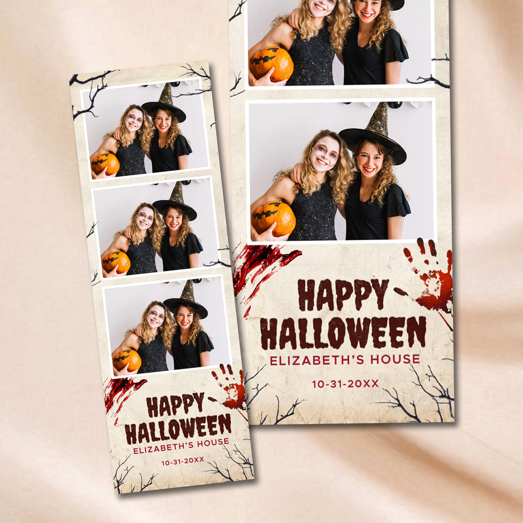 Vintage parchment Halloween 2x6 photo booth strip template with three photo openings, black bare tree silhouettes, and dripping red bloody handprints