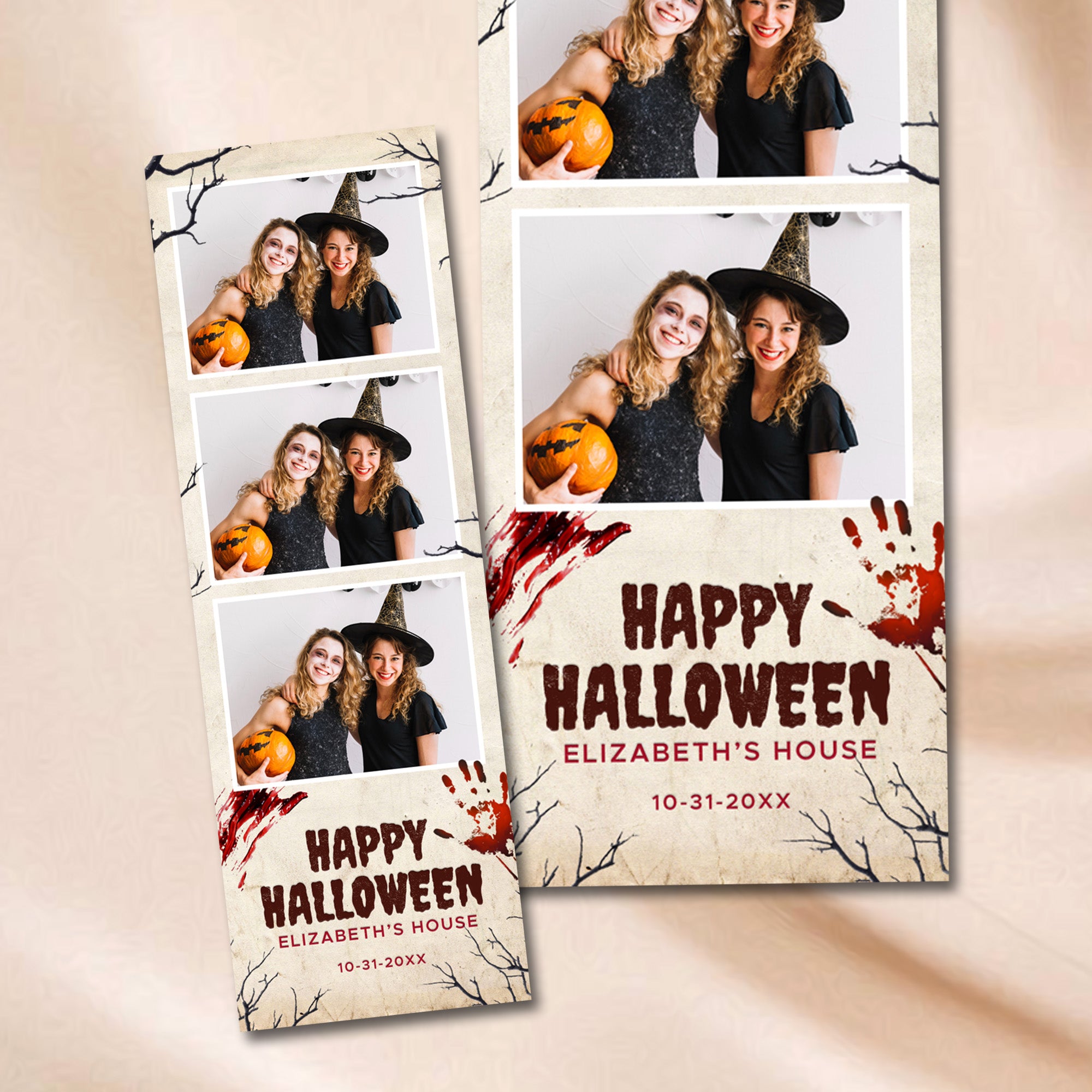 Vintage parchment Halloween 2x6 photo booth strip template with three photo openings, black bare tree silhouettes, and dripping red bloody handprints