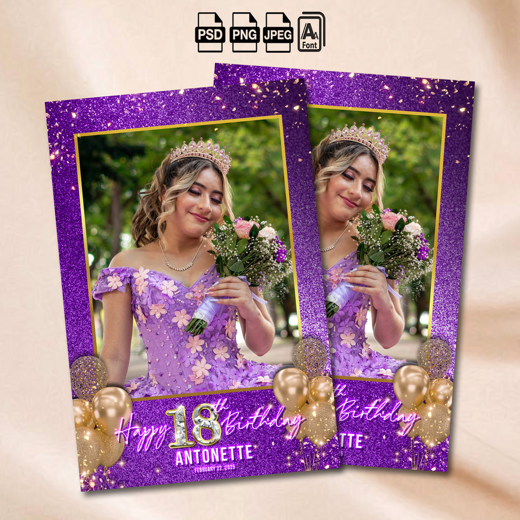 Purple and gold glitter birthday photo booth portrait template with gold balloons and a sparkling diamond birthday number