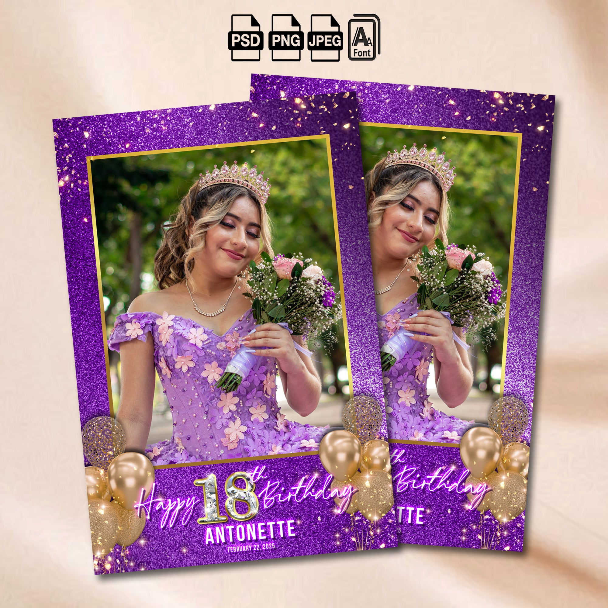 Purple and gold glitter birthday photo booth portrait template with gold balloons and a sparkling diamond birthday number