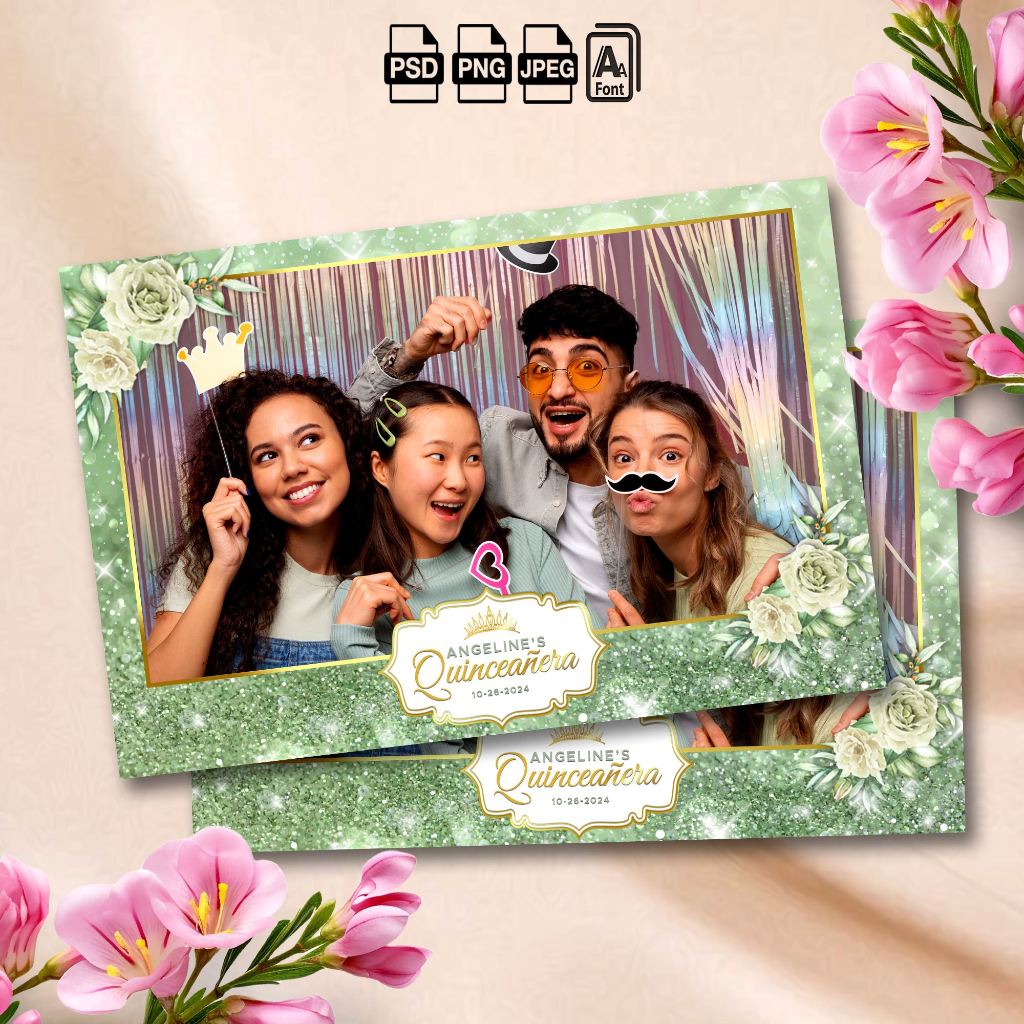 Quinceañera Photo Booth Template | Landscape Layout | Sage Green & Gold Floral with Crown Badge, Editable Photoshop Template