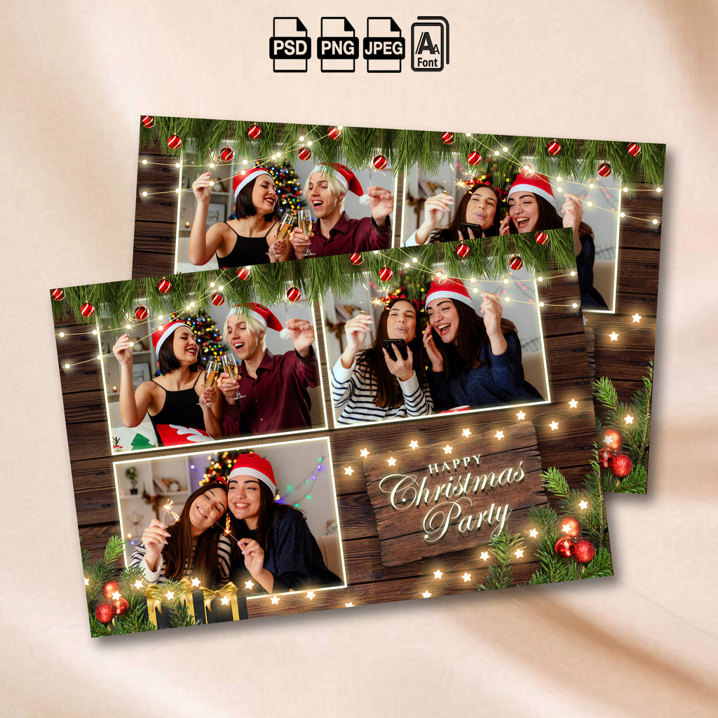 Dark wood Christmas photo booth grid template with evergreen garland and gift boxes