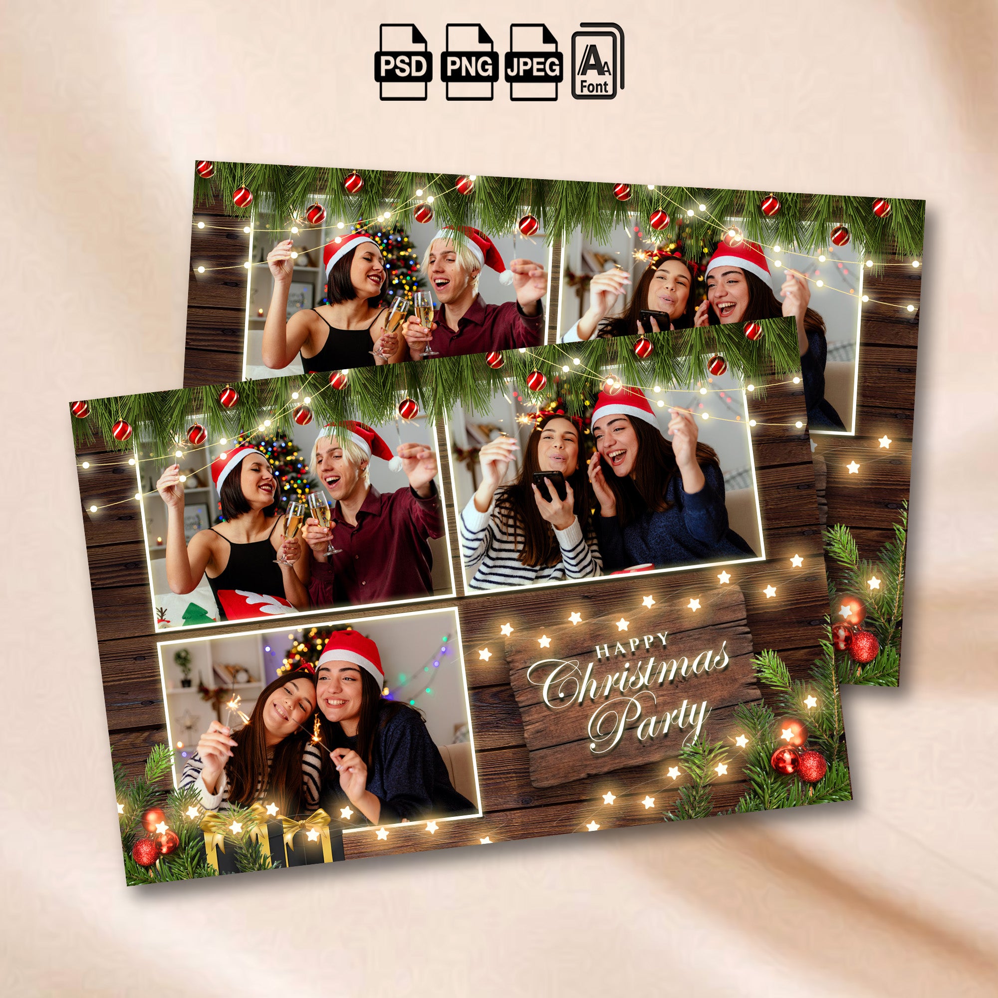 Dark wood Christmas photo booth grid template with evergreen garland and gift boxes
