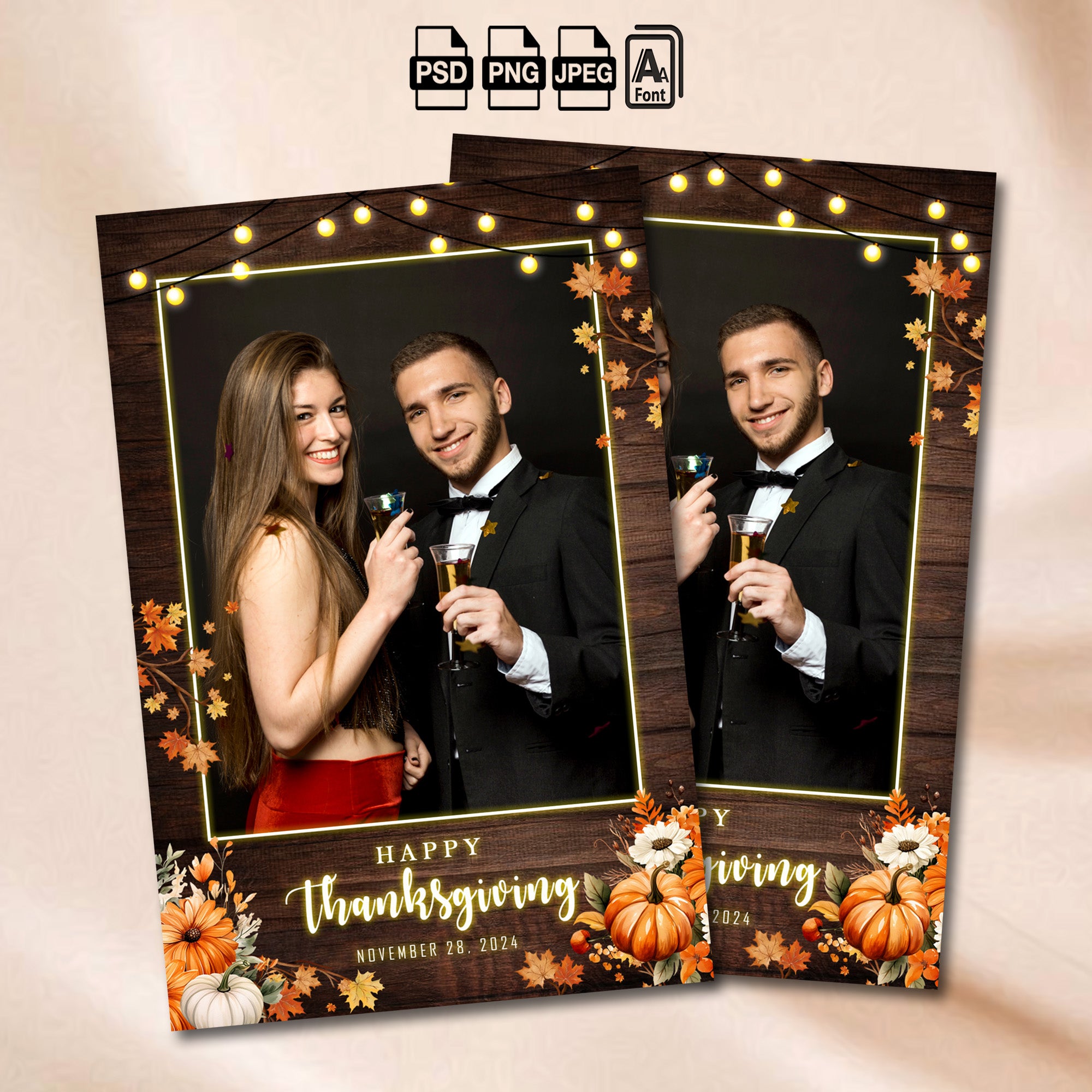 Thanksgiving Photo Booth Template | Single Photo Portrait Layout | Rustic Wood with Fall Leaves & Pumpkins, 4x6 Photobooth Template