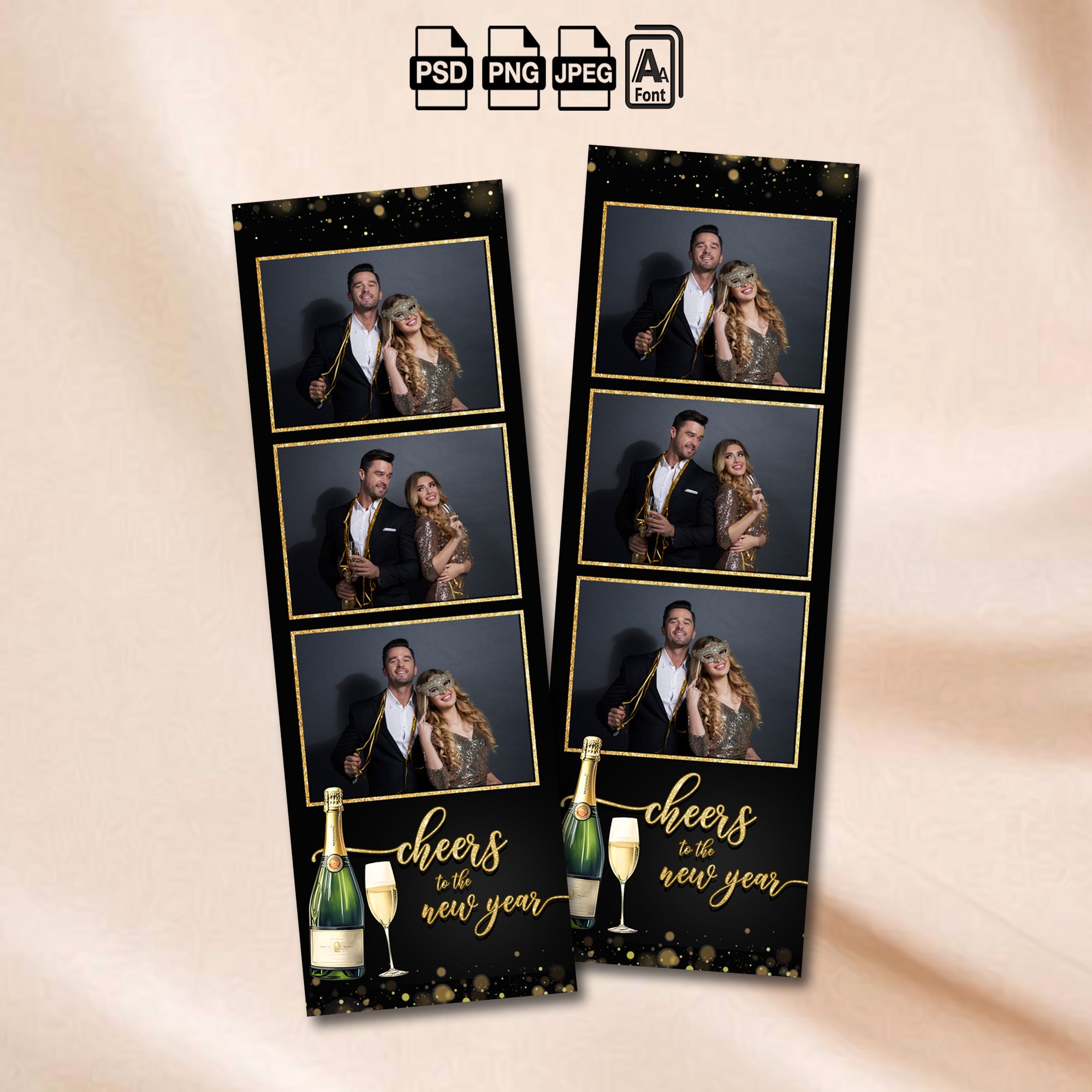 Cheers to the New Year Photo Booth Template Bundle | Black & Gold Design with String Lights | All 4 Layouts, Editable Photoshop Templates, Instant Download