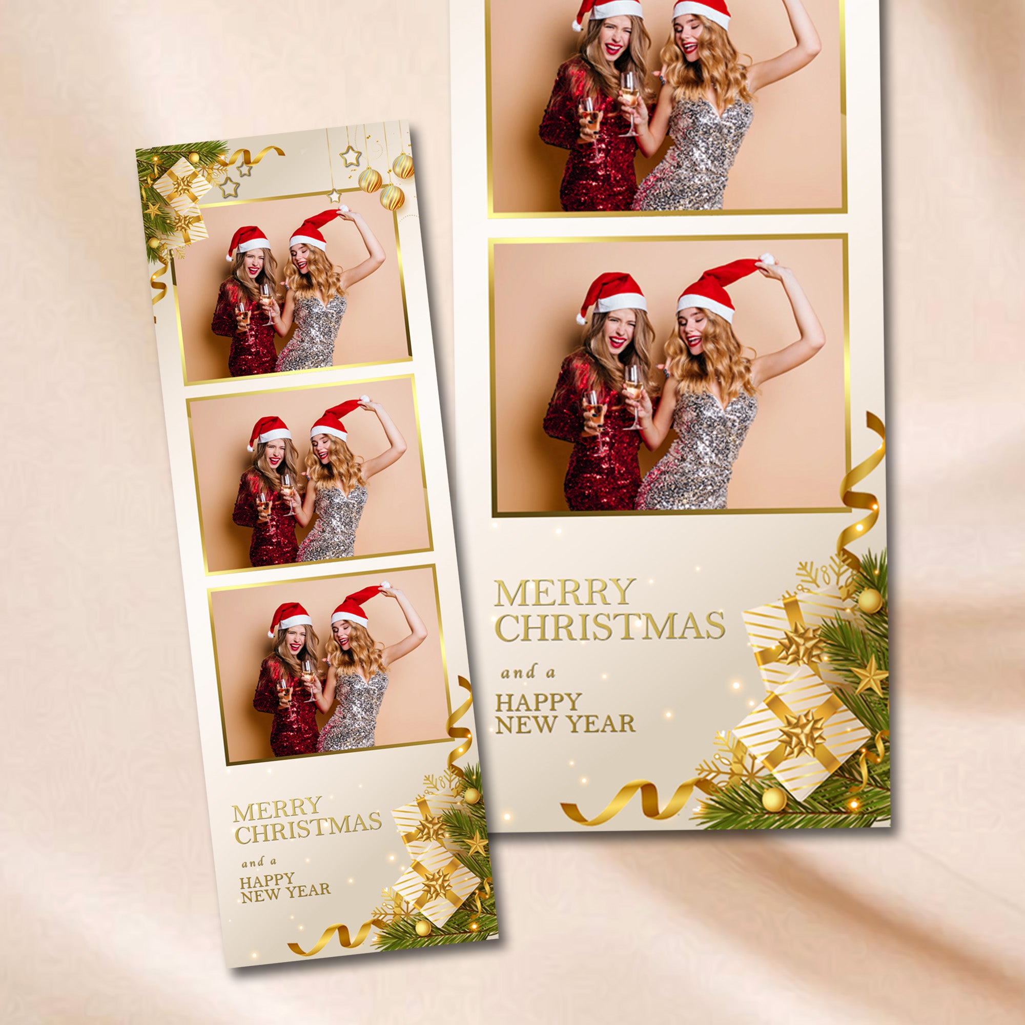 Merry Christmas 2x6 photo strip template mockup with gold gift boxes and ornaments