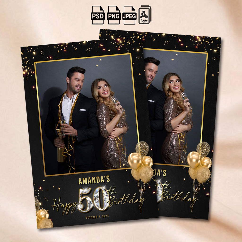 50th Birthday Photo Booth Template | Single Photo Portrait Layout | Black & Gold Diamond Design, Editable Photoshop Template