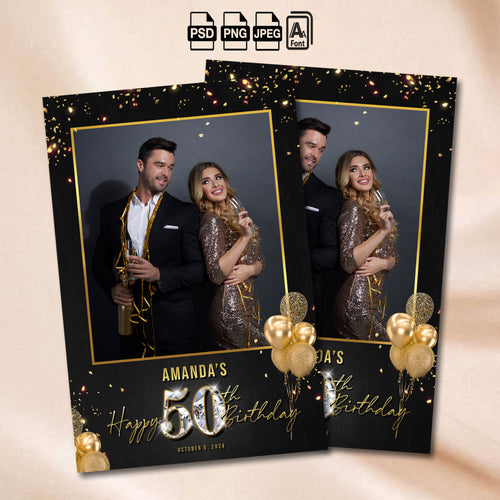 50th Birthday Photo Booth Template | Single Photo Portrait Layout | Black & Gold Diamond Design, Editable Photoshop Template